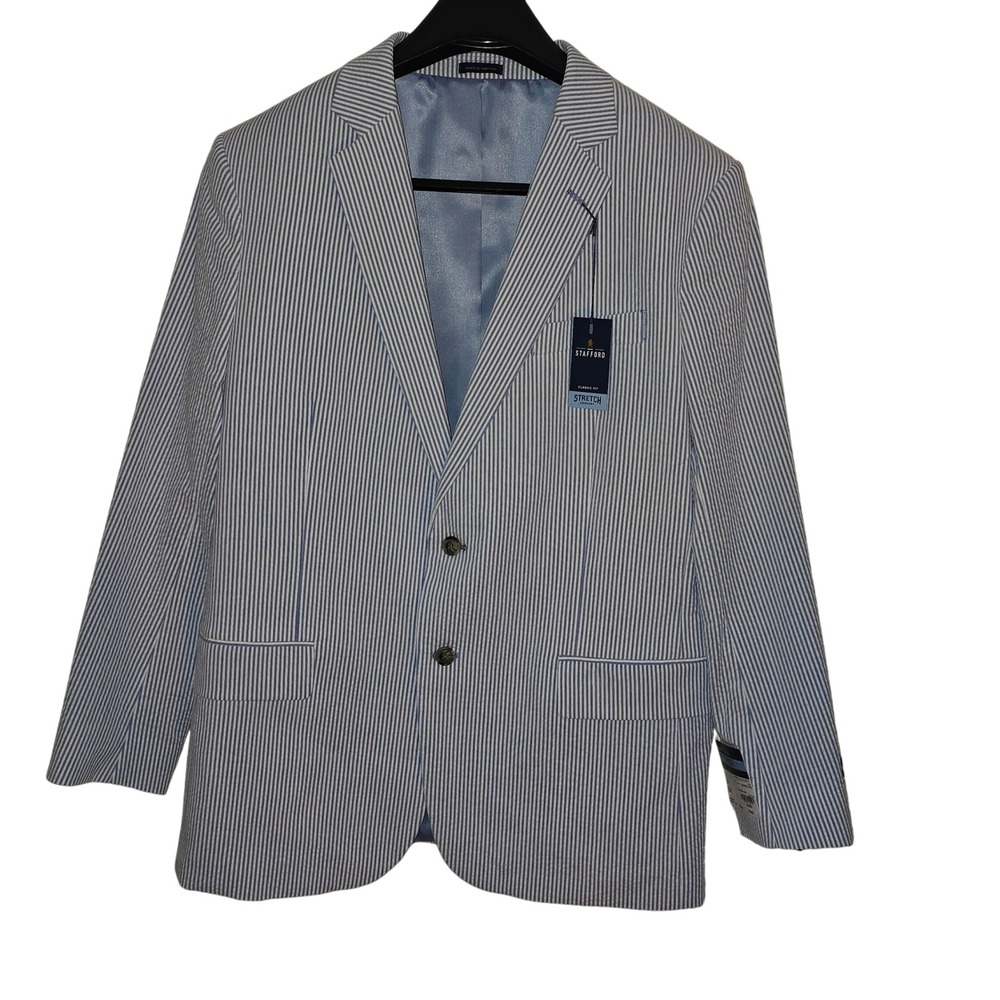 Stafford‎ Mens Classic Fit Stretch Comfort Seersucker Blue White Stripe 46 REG